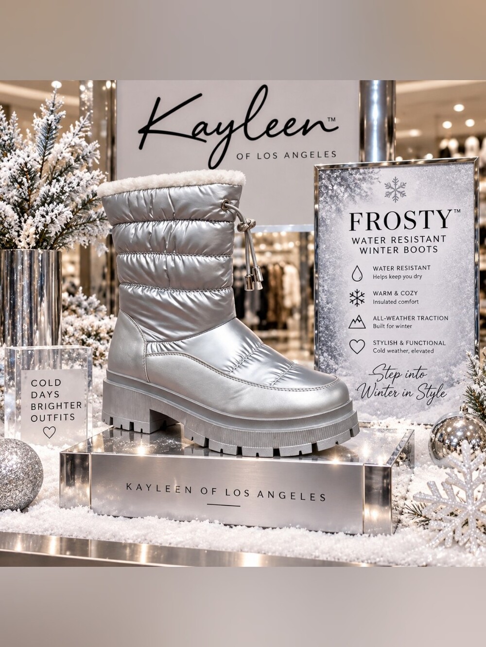 Kayleen of Los Angeles “FROSTY” Silver Water-Resistant Winter Boots